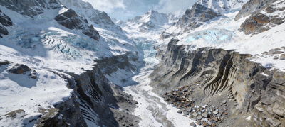 C7程序化地形生成算法生成的雪山与峡谷场景截图，展示细节层次与侵蚀效果