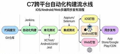 C7跨平台自动化构建流水线示意图，涵盖iOS、Android、Web多端同步发布流程