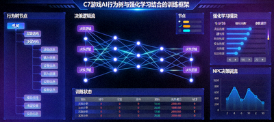 C7游戏AI行为树与强化学习结合的训练框架可视化界面，显示NPC决策逻辑流