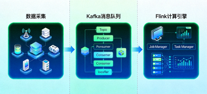 C7实时流处理技术架构示意图，展示从数据采集、Kafka消息队列到Flink计算引擎的流程